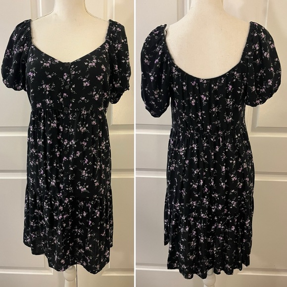Wild Fable Black Purple Floral Sweetheart Peasant Puff Sleeve Babydoll Dress MED - Picture 3 of 12